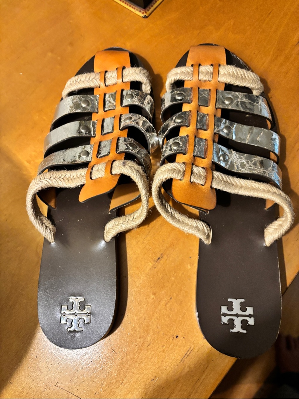 Tory Burch Metallic Blue-Silver and Tan Rope Slide Sandals
